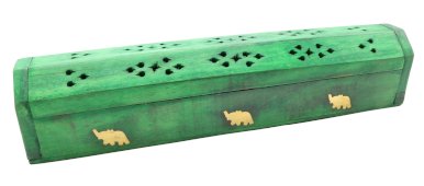 Drewniana skrzynka na kadzidełka Zielone Słonie 30 cm